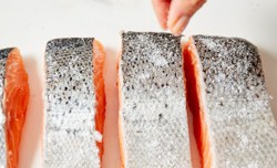 sprinkling salt on salmon skin