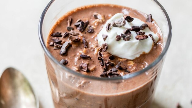 Chocolate overnight oats topped with Greek yogurt.