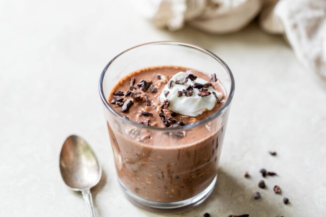 Chocolate overnight oats topped with Greek yogurt.