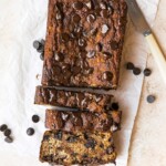 Sliced cottage cheese banana bread with chocolate chips.
