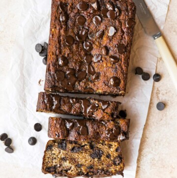Sliced cottage cheese banana bread with chocolate chips.