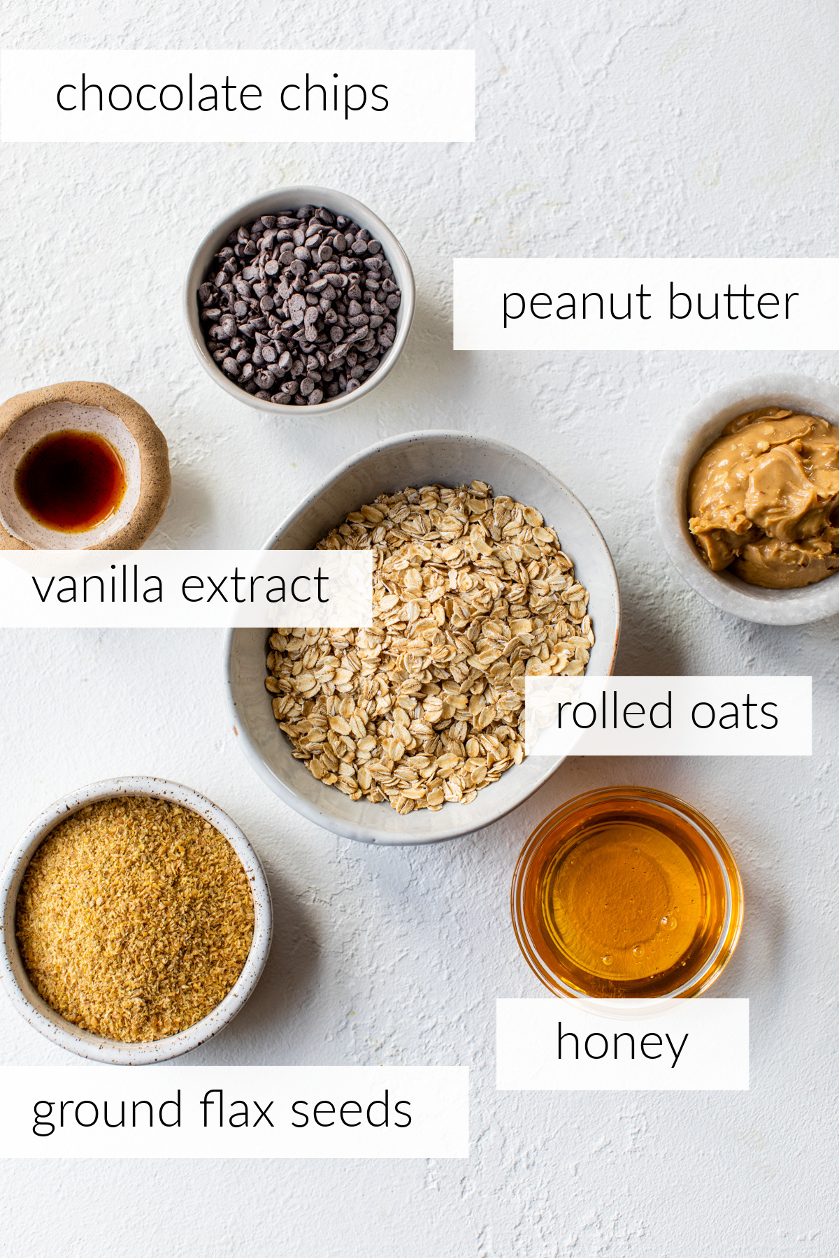 energy ball ingredients divided into small bowls