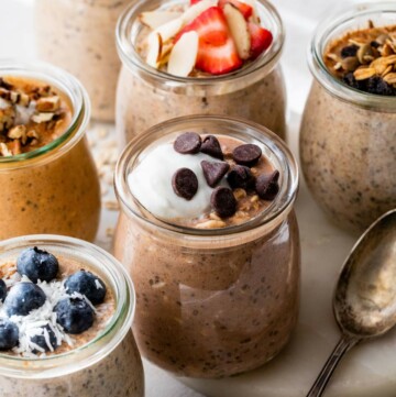 Protein overnight oats with different toppings.