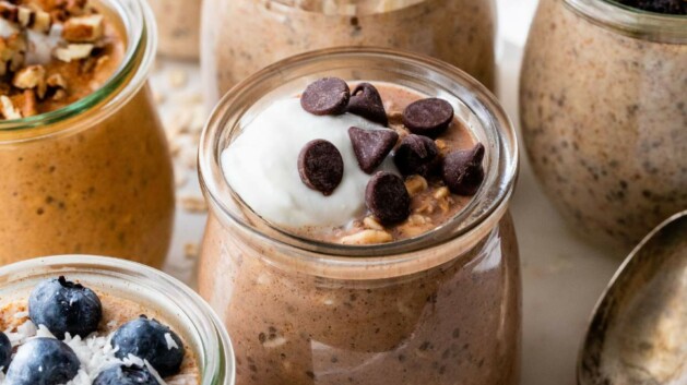 Protein overnight oats with different toppings.