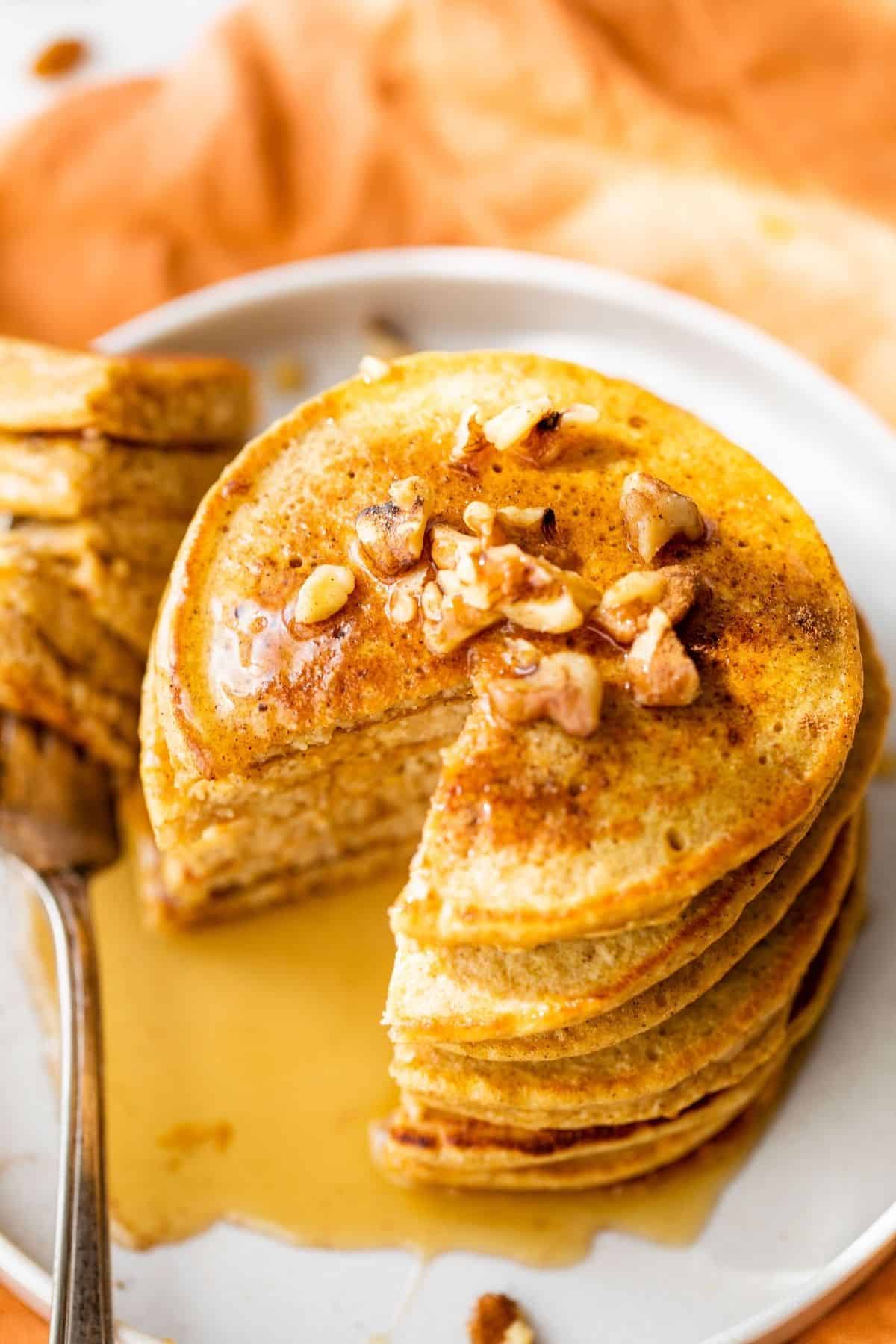 pumpkin pancakes on a fork