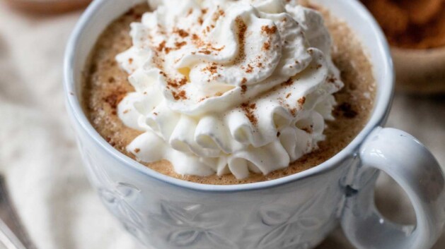 Homemade pumpkin spice latte in a white mug.
