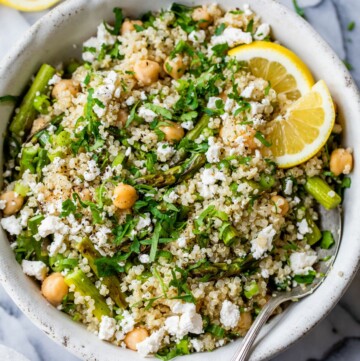 Asparagus salad made with quinoa, chickpeas and feta.