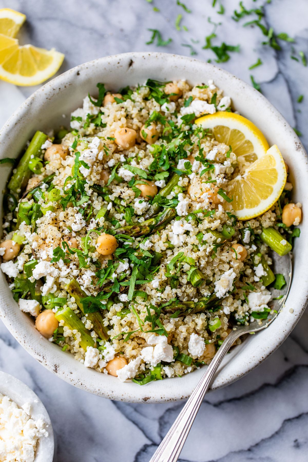 Asparagus salad made with quinoa, chickpeas and feta.