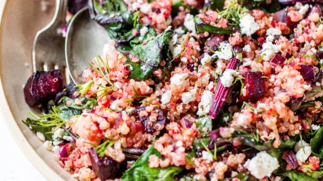 quinoa beet salad in wide shallow bowl
