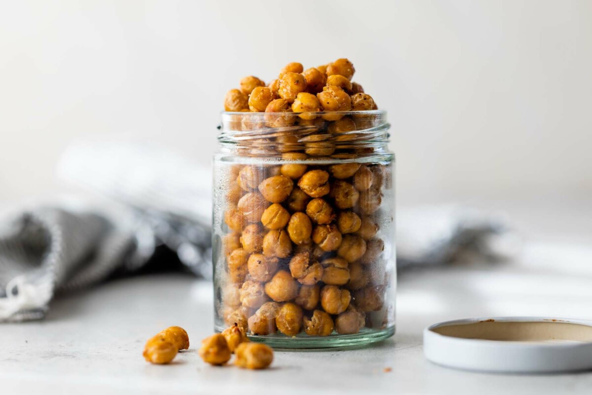 Chickpeas stored in a mason jar.