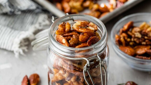 Spiced nuts in a small mason jar.