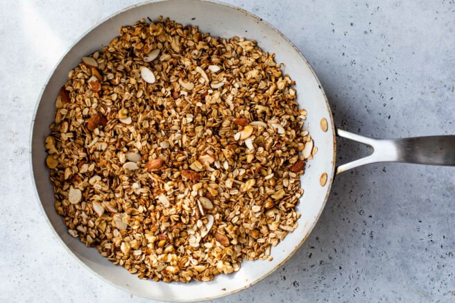 Granola cooking in a pan.