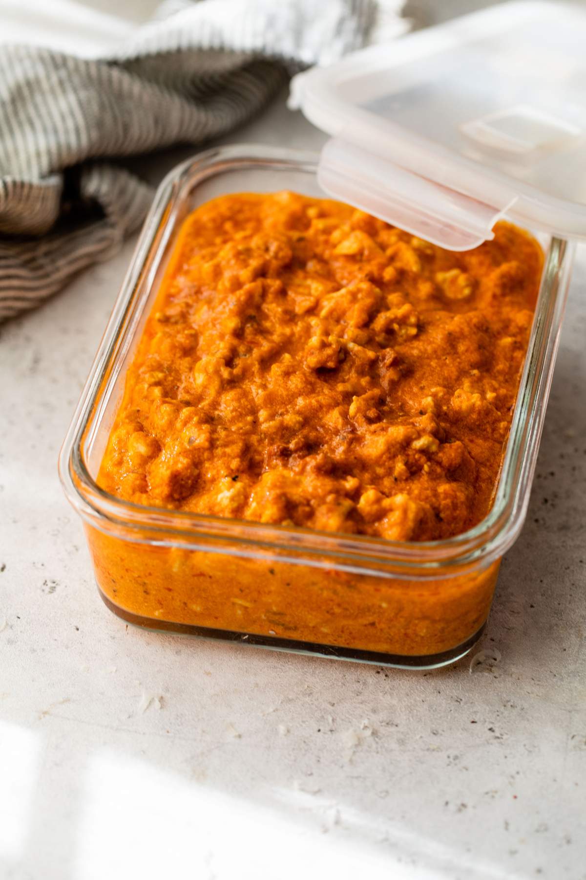 Turkey bolognese in a storage container.